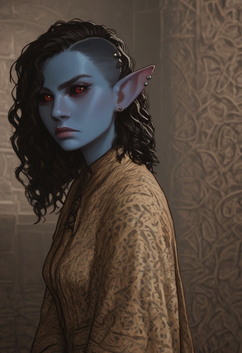 solo, short pointy ears, piercings, nord woman, random elf face, aquiline features, dark elf, weathered skin, large nose, animated realism, zoomed out, Syrian features, torso, brass pipes and gears, intricate architecture, dwarven masonry, dwemer fixtures, white-green light, gloomy lighting, ancient ruins, interior, stone tiled floor, grey-blue skin, mahogany and ivory clothes, medium armor, bone plate armor, ivory straps and fittings, grey wood neckguard, dark red sclera, black pupils, distant mushroom forest, blue-green light, neon, highly detailed, defined features, looking at viewer, three quarters view, from side, dynamic lighting, 36 years old, light and shadows, patterned cloth, annoyed expression, expressive eyes, detailed medieval clothes, medium_breasts, medium hair, wavy hair, thick hair, beaded hair, braided hair, under cut hair, semirealistic, alien elf, spanish features, jewish features, black hair, dark red hair, umber skin, sharp features, red persian print cloak, nighttime, high detail, absurdres, pretty eyes, detailed eyes, red eyes,