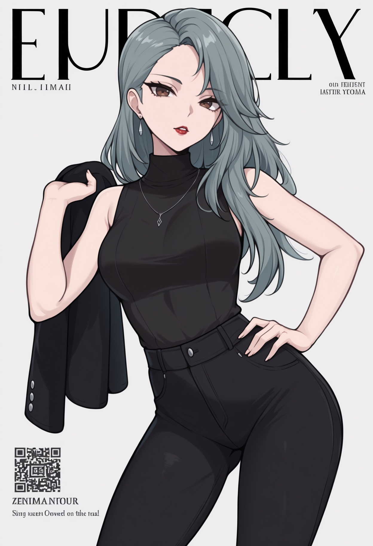 masterpiece, best quality, newest, fake magazine cover, english text, qr code, solo, 1girl, saeni1jima, red lips, parted lips, looking at viewer, standing, contrapposto, hand on own hip, holding jacket, black jacket, long hair, grey hair, brown eyes, black sweater, sleeveless turtleneck, black pants, earrings, necklace, bare shoulders
<segment:yolo-Anzhc Face seg 640 v3 y11n.pt,0.4,1//cid=11>