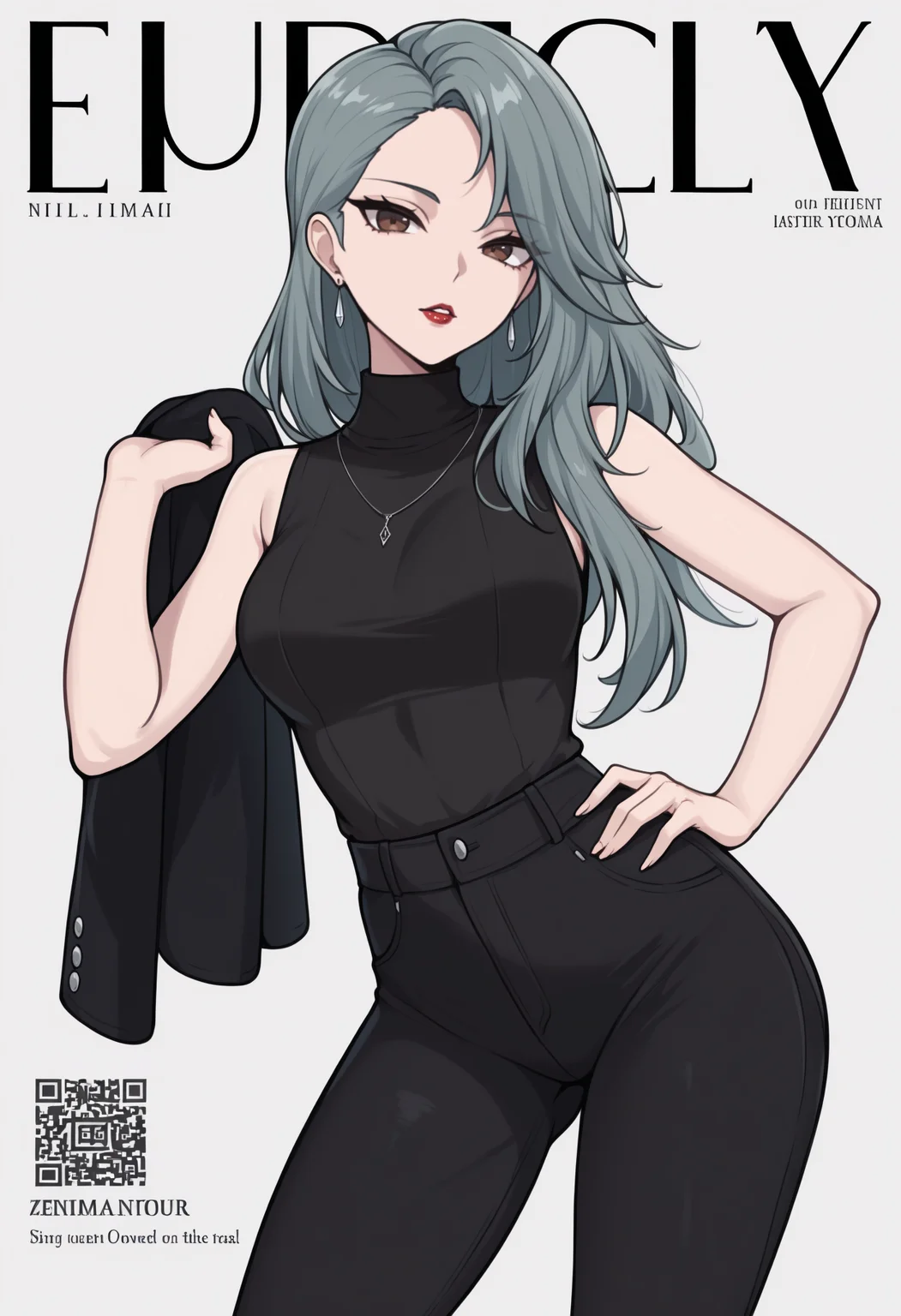 masterpiece, best quality, newest, fake magazine cover, english text, qr code, solo, 1girl, saeni1jima, red lips, parted lips, looking at viewer, standing, contrapposto, hand on own hip, holding jacket, black jacket, long hair, grey hair, brown eyes, black sweater, sleeveless turtleneck, black pants, earrings, necklace, bare shoulders
<segment:yolo-Anzhc Face seg 640 v3 y11n.pt,0.4,1//cid=11>