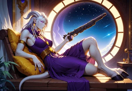 (absurdres, best quality, masterpiece:1.4), score_9, score_8_up, score_7_up, score_6_up, detailed, detailed body, detailed face, world of warcraft, fantasy, <lora:add-detail-xl:1.5>,
fFaceDetail, (female, draenei, h0rns, ram horns, white horns, tall, athletic arms, pale white skin, long white hair, purple eyes, long white tail, long fingers, purple fingernail polish),
(long loose purple dress, purple silk scarf, tail under dress, simple armlet, small yellow gem pendant, small yellow gem earrings),
portrait, side view, looking to viewer, angered face, (lying down, lying on bench, lying on side),
GunMonk, shotgun, full body, side view, (window in background, outer space in background, stars, no clouds), sitting at table, legs on table, leaning back in chair