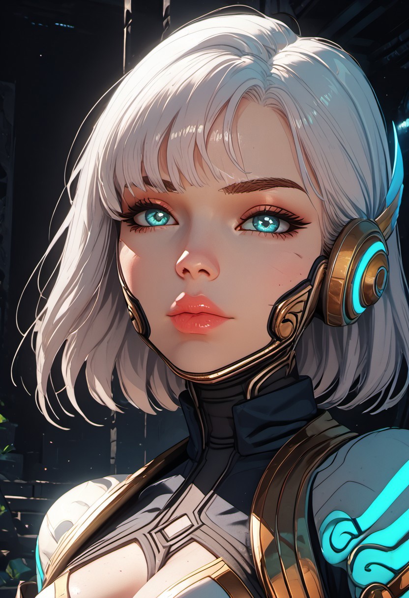 ((zPDXL3)), score_9, score_8_up, score_8, Science Fiction, Star Wars, perfecteyes, ultra detailed, high resolution, high quality, masterpiece, intricate details, intricate body, intricate landscape, knva, Expressiveh, European Instagram Model, upper body shot, low light, dungeon, ruins, green glow, black background, 
BREAK
1girl, solo, source_cartoon, mature female, allstarsdva, d.va (overwatch), white hair, blue eyes, beautiful, full lips, looking at viewer, closed mouth,