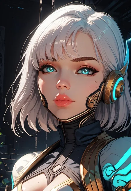 ((zPDXL3)), score_9, score_8_up, score_8, Science Fiction, Star Wars, perfecteyes, ultra detailed, high resolution, high quality, masterpiece, intricate details, intricate body, intricate landscape, knva, Expressiveh, European Instagram Model, upper body shot, low light, dungeon, ruins, green glow, black background, 
BREAK
1girl, solo, source_cartoon, mature female, allstarsdva, d.va (overwatch), white hair, blue eyes, beautiful, full lips, looking at viewer, closed mouth,