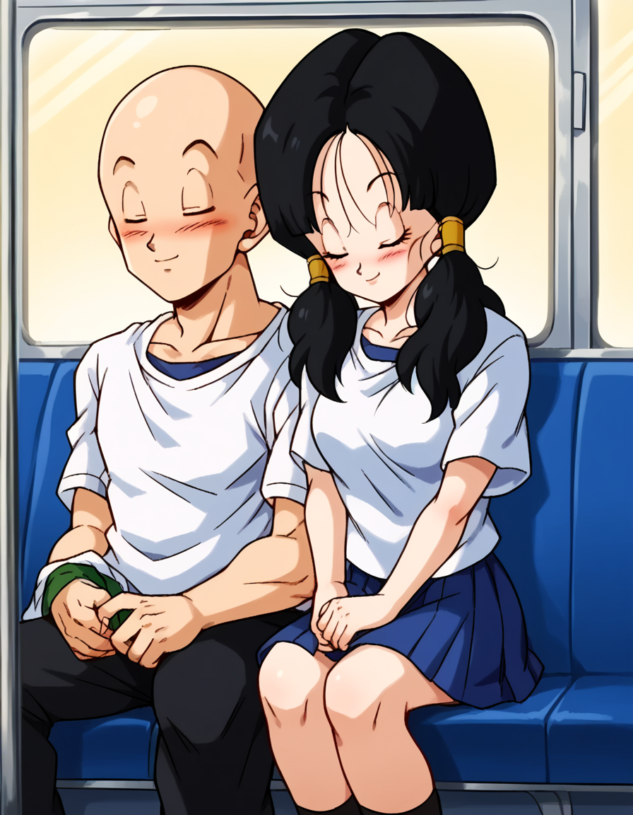 score_9, score_8_up, score_7_up, source_anime, <lora:dbz-videl-anime-ponyxl-lora-nochekaiser:1>, videl, black hair, eyelashes, parted bangs, twintails, medium breasts,, <lora:leaning-on-person-side-by-side-ponyxl-lora-nochekaiser:1>, leaning on person side-by-side, sitting, hetero, sleeping, couple, train interior, leaning on person, school uniform, faceless male, bald, faceless, smile, blush, closed eyes,,