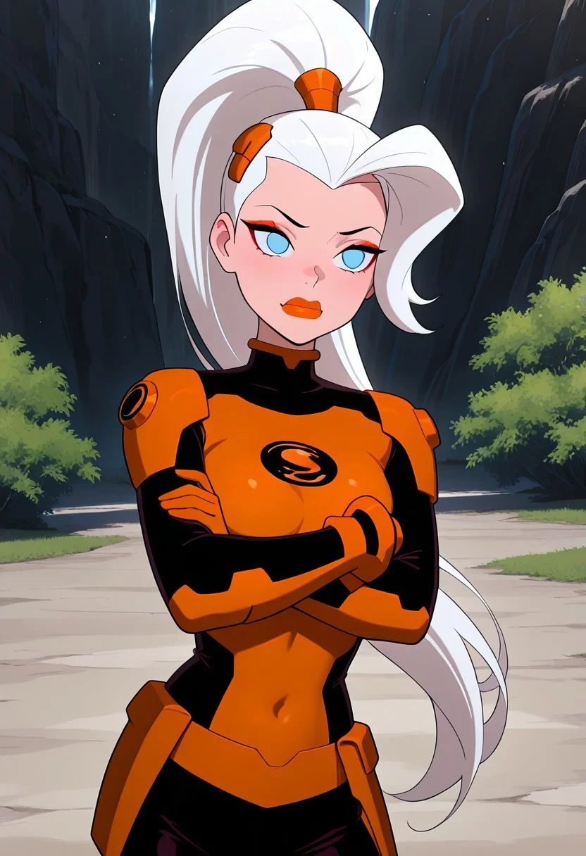 masterpiece, best quality, amazing quality, very aesthetic, absurdres, newest, ((screencap, parody, cartoon))
drewsat, 1girl, long hair, white hair, ponytail, blue eyes, makeup, lipstick, eyeshadow,
armor,, orange bodysuit
expressive face,
crossed arms, leaning to side, mad, orange visor,