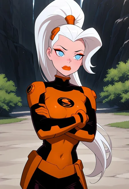 masterpiece, best quality, amazing quality, very aesthetic, absurdres, newest, ((screencap, parody, cartoon))
drewsat, 1girl, long hair, white hair, ponytail, blue eyes, makeup, lipstick, eyeshadow,
armor,, orange bodysuit
expressive face,
crossed arms, leaning to side, mad, orange visor,