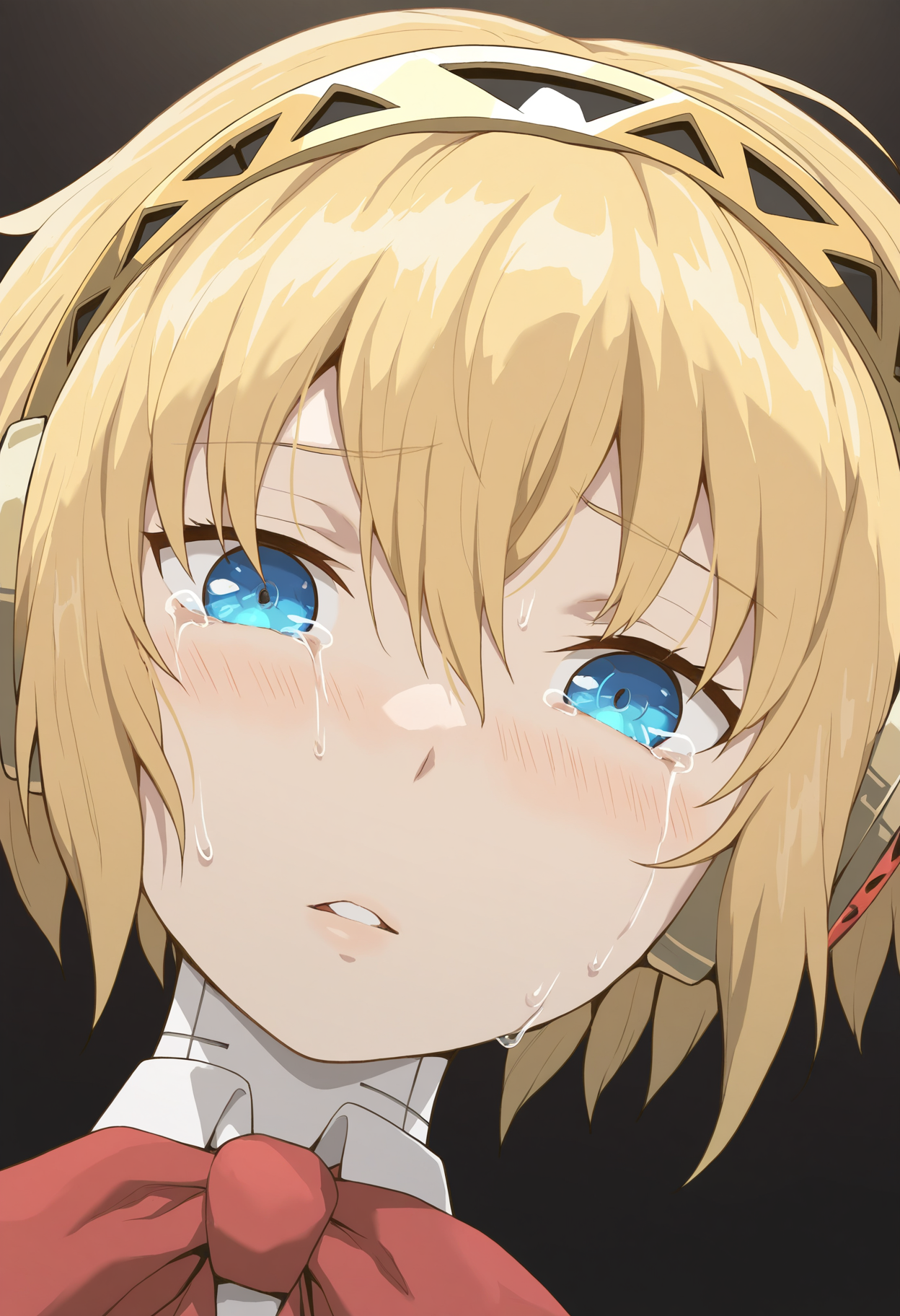 masterpiece,best quality,amazing quality,
aegis (persona), 1girl, blonde hair, solo, android, blue eyes, short hair, parted lips, portrait, black background, headphones, looking at viewer, hair between eyes, bangs, tears,
 <lora:Kuhuku:1>