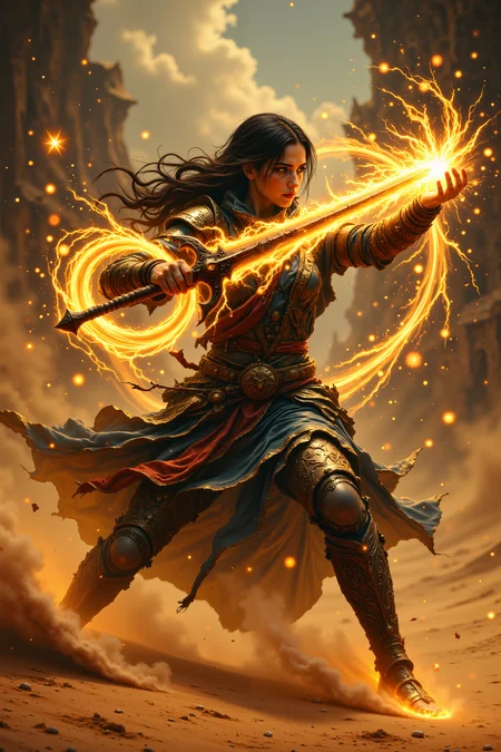 R3alisticF,A desert mercenary wielding a curved falchion wreathed in sand magic. Her blade leaves trails of crystallized glass with each strike. The weapon was forged from a fallen star. Fantastic lighting. Detailed shadows.intricate details, vivid colors, hyper-detailed, ultra-sharp<lora:FluxMythR3alisticF><lora:PCB_Image_Enhancer_for_FLUX:0.35>