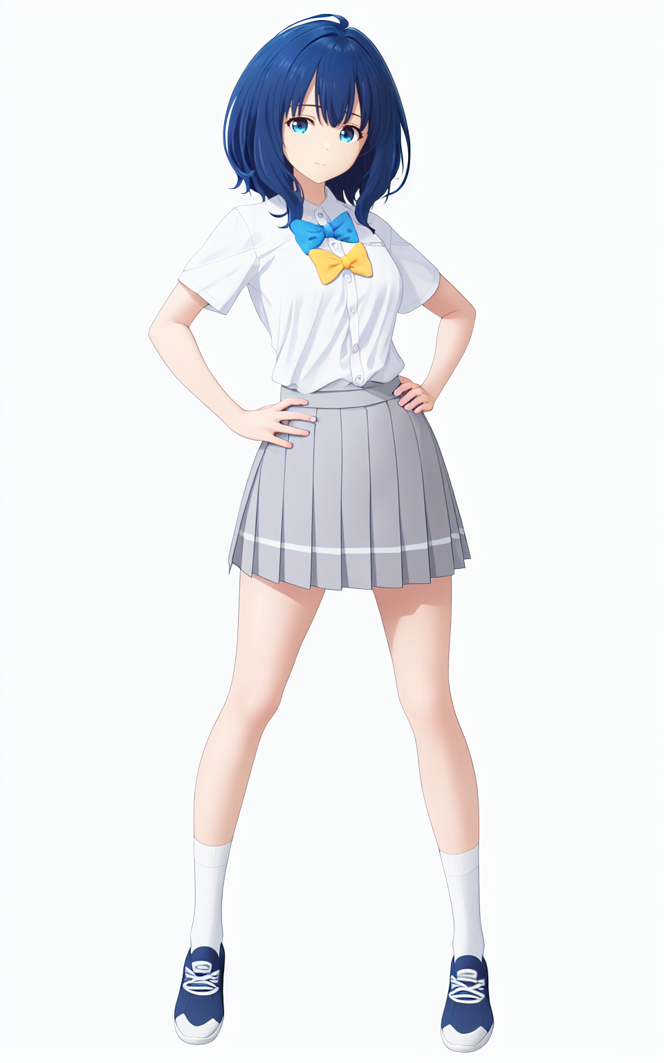 8k, best quality, masterpiece, (ultra-detailed), (high detailed skin), 
(white background,simple background:1.3), solo, hands on hip, (full body:1.1), looking at viewer, 
<lora:Yanami_Anna-sd-Tanger:1>, Yanami Anna, 1girl, blue hair, blue eyes, 
default clothes, socks, white shirt, shoes, short sleeves, blue collared shirt, school uniform, bow,