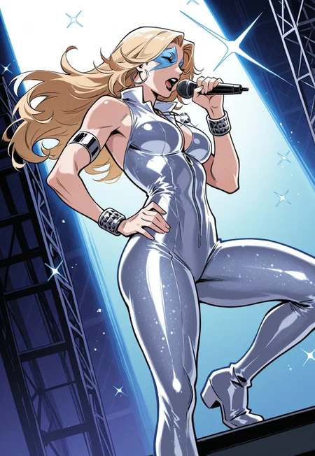 1girl, solo, detailed face, detailed eyes, Dazzler, blue eyes, blonde hair, long hair, thick thighs, medium breasts, toned female, 
BREAK, 
classic costume, white bodysuit, cleavage, bare shoulders, bare arms, white footwear, thighboots, shiny clothes, shiny jewelry, glint, disco necklace, hoop earrings, silver armlets, silver bracelets, blue facepaint, lipgloss, black lips,  
BREAK 
dynamic angle, close-up, singing, mouth open, eyes closed, holding microphone, hand on own hip, one hand raised, clenched fists, magic, aura, 
BREAK, 
indoors, sparkle background backdrop, studio lights, photoshoot, cameras, detailed background, 
BREAK
(safe_pos, fine texture, masterpiece, ultra-detailed, very aesthetic, absurdres, volumetric lighting, scenery, newest, absolutely eye-catching, rating_explicit, source_comic),
BREAK.