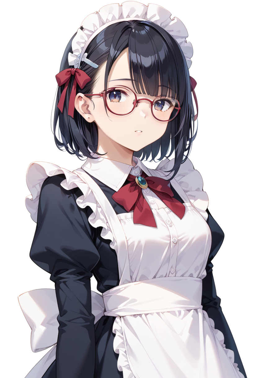 score_9, score_8_up, score_7_up, rating_safe, masterpiece, best quality, absurdres, unity 8k wallpaper, official art, official style, source_anime, uncensored, game cg, megami magazine,
1girl, solo, black hair, medium hair, upper body, covered eyes,maid, maid headdress, black dress, maid apron, face focus,
round_glasses22A, glasses, still life, white background, simple background, red-framed eyewear
 <lora:glasses_Round_PONY_V1:1>