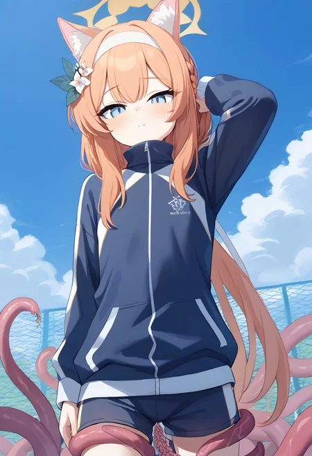 score_9, score_8_up, score_7_up, upper body Mari_(Track)_(Blue_Archive), blue_eyes, orange_hair, braid, long_hair, flat_chest, halo, hair_flower, animal_ear_fluff, gym_shorts, blue_shorts, track_jacket, blue_jacket, white_hairband Mari_(Blue_Archive) ((((birth tentacles )))))easynegative