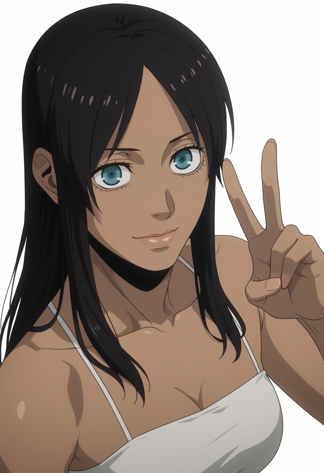 score_9, score_8_up, score_7_up, source_anime BREAK, white background,  1girl, solo  <lora:DX888Alex:1>, alex benedetto, blue eyes, black hair,, dark-skinned female, dress,  long hair,  light smile, v pose, dynamic pose,  from above,  upper body,