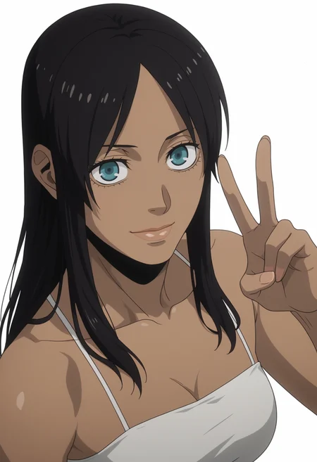 score_9, score_8_up, score_7_up, source_anime BREAK, white background, 1girl, solo <lora:DX888Alex:1>, alex benedetto, blue eyes, black hair,, dark-skinned female, dress, long hair, light smile, v pose, dynamic pose, from above, upper body,
