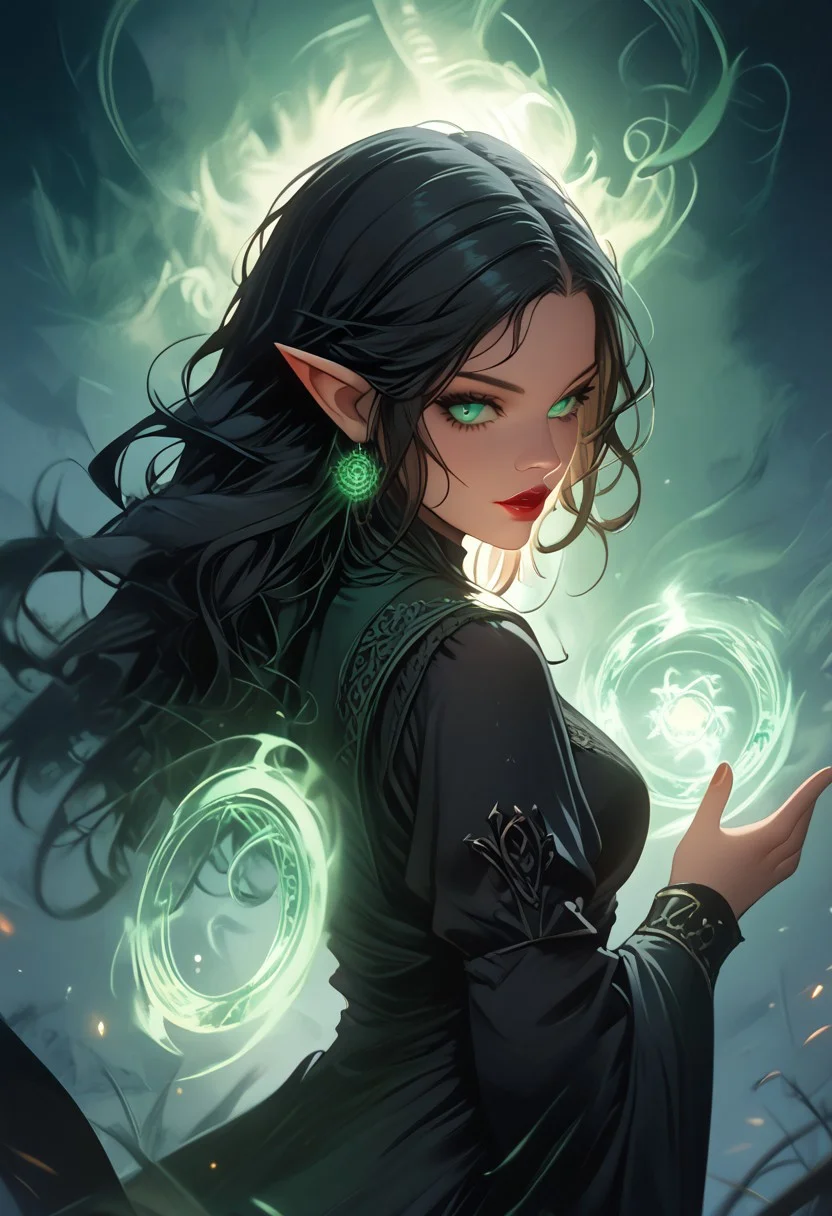 score_9, score_8_up, score_7_up, DarkFantasy, Darmagmb, 1girl, solo, dark nun, long black hair, pointy ears, glowing green eyes, red lips, blood from mouth, dark aura, nun, casting spell, magical, green spell, green magic, Spell rings, green aura, green magic circles, in cathedral, dark atmosphere, detailed background, highly detailed, dynamic angle, dynamic pose, cowboy shot, cinematic lights, night lights, perfect hands