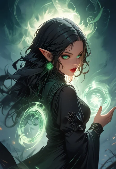 score_9, score_8_up, score_7_up, DarkFantasy, Darmagmb, 1girl, solo, dark nun, long black hair, pointy ears, glowing green eyes, red lips, blood from mouth, dark aura, nun, casting spell, magical, green spell, green magic, Spell rings, green aura, green magic circles, in cathedral, dark atmosphere, detailed background, highly detailed, dynamic angle, dynamic pose, cowboy shot, cinematic lights, night lights, perfect hands