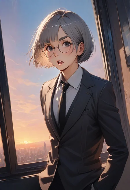 ((man)) with bristle, (graphic novel style, dark novel style:1.5),(anime), (masterpiece:1.4), (soft cinematic light:1.1), incredibly lifelike, Extremely high-resolution details, 8k, best quality,extremely detailed, contrast,
high tech design, fullbody, 
 gallery of contemporary art, inside, portrait old woman against the backdrop of a giant floor-to-ceiling window, through which one can see a city landscape with skyscrapers and a sunset , open mouth, 
man in a classic black suit 
white shirt and black tie keeps his hand on his jacket, black loafers, (((gray ((short)) bob hair))), [Nordic], round glasses, round black eyes, thin lips, bristle sharp chin, diamond long face, gray sideburns, small ears, thick gray eyebrows, sunken cheeks, (bristle)),