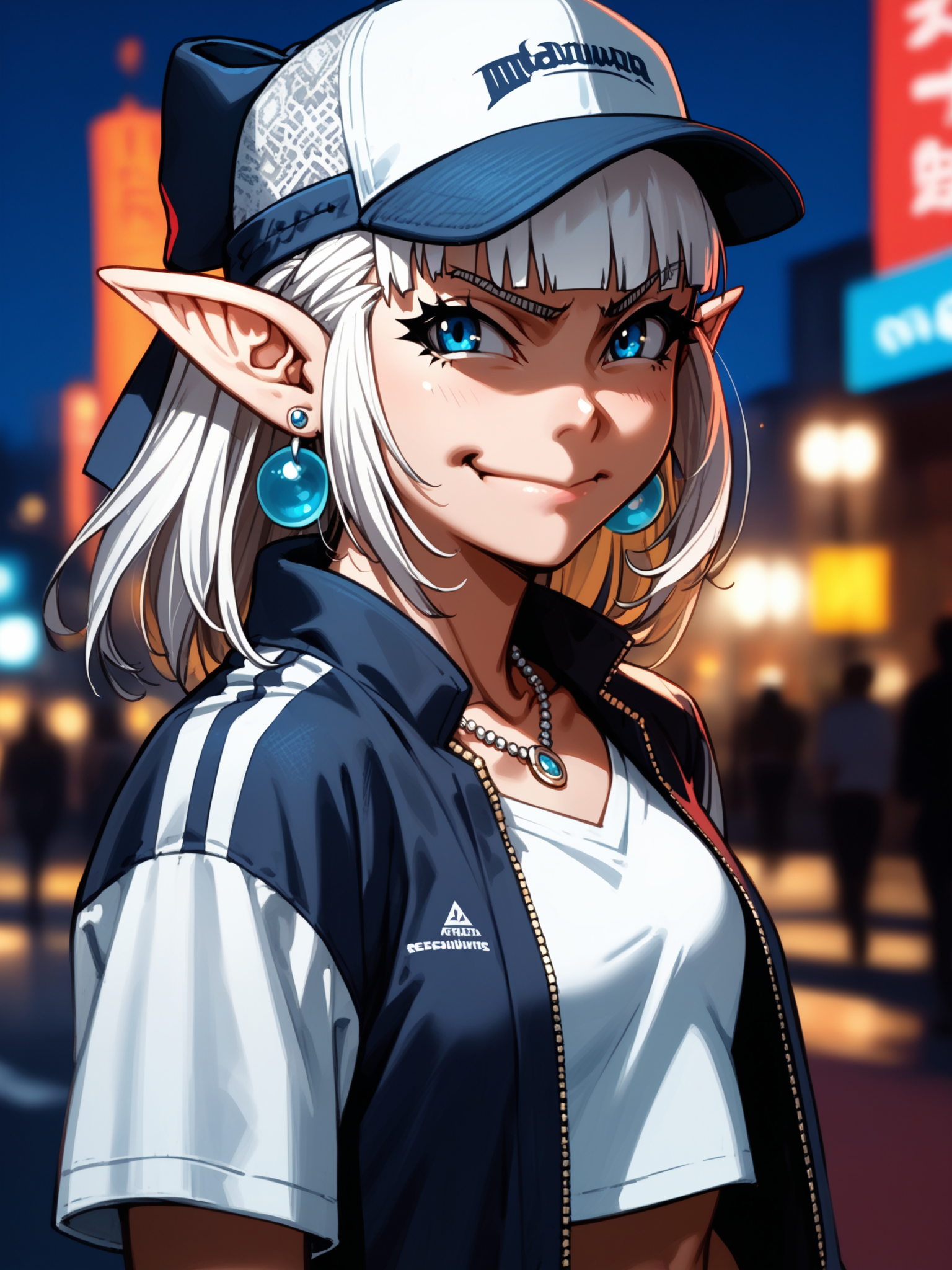(upper body, solo focus:1.2) <lora:happy_tentacle-fana-v0.1-000029:1>, ht_fana, white hair, blue eyes, hair bow (petite:1.2), <lora:Shed_The_Skin's StS_age_slider_v1_initial_release:-1.2> ( :1.1) ( , , ( disgust :1.2) , smile , (looking at viewer:0.6) :1.2) , outdoors, vegetation, ( :1.1), , (night, night sky :0.6), (cloudy sky:0.6) , (:0.5), , (gothic architecture :0.9), (contemporary, streetwear:1.2), torn jeans, denim , baseball cap , crop top , jacket , two-sided fabric, (jewelry:1.2), earrings, bracelet, necklace, , ( :0.8) score_9, score_8_up, score_7_up, score_6_up, score_5_up, score_4_up, ( [(realistic, photorealistic:1.3):(realistic:1.2):16] [(3d:1.2)::14] :1) <lora:LUUNA's Lunas-NijiJourney-SDXL-B2:0.35>, nijijourney <lora:prgfrg23's Counterfeit-V3.0 Style SDXL_LoRA_Pony Diffusion V6 XL:0.5> <lora:mfcg's mfcgXL:0.12> <lora:reweik's gyokai(himehajime)_PonyXL_style_v01:0.14>
