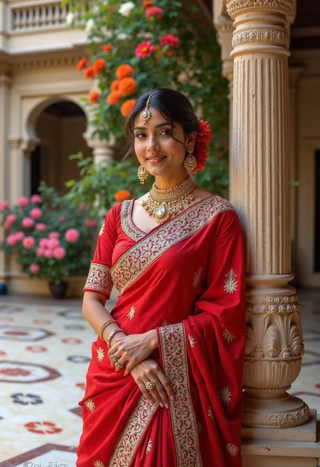 The professional portrait captures the essence of Indian culture and elegance, featuring an Indian woman dressed in a stunning Angrakha, a traditional Indian attire. The Angrakha is a robe-like garment, typically worn in the northern parts of India, characterized by its asymmetrical style and overlapping panels. The Angrakha in this portrait is a vibrant shade of red, symbolizing love, passion, and power, making the subject stand out against the lush background.
The Angrakha is adorned with intricate traditional embroidery in gold and silver threads, showcasing the craftsmanship and attention to detail that goes into creating such a masterpiece. The embroidery features floral motifs, geometric patterns, and elaborate borders, adding a touch of royalty and grandeur to the attire. The panels of the Angrakha are carefully draped over the subject's shoulder, revealing a glimpse of her matching red blouse underneath, enhancing the overall visual appeal of the portrait.
The subject of the portrait is a woman who embodies grace and elegance, wearing golden jewelry that complements her attire. A statement neckpiece adorned with precious stones and intricate carvings graces her neck, drawing attention to her delicate collarbones. Golden bangles, earrings, and rings complete her jewelry ensemble, adding a touch of opulence and sophistication. Her hair is tied in a neat bun, adorned with fresh flowers, adding a touch of freshness and femininity to the portrait.
The woman is standing in a beautifully decorated Indian courtyard, showcasing the exquisite handicrafts that are an integral part of Indian culture. The courtyard features a marble floor with floral patterns, adding a touch of elegance and sophistication to the setting. A beautifully carved stone pillar stands beside the subject, adding a sense of grandeur and majesty to the portrait.
The background of the portrait features blooming flowers and ancient architecture, adding a touch of natural beauty and cultural significance to the setting. The flowers include marigolds, roses, and jasmine, symbolizing joy, love, and purity, respectively. The ancient architecture in the background features intricate carvings and sculptures, showcasing the rich history and heritage of Indian culture.
The portrait is a high-quality one, capturing the subject in stunning detail, making it perfect for cultural representation and fashion projects. The use of natural light and a neutral background highlights the vibrant colors and intricate details of the subject's attire and jewelry, making her the center of attention. The woman's confident stance and radiant smile add a touch of warmth and approachability to the portrait, making it an ideal representation of Indian culture and elegance.