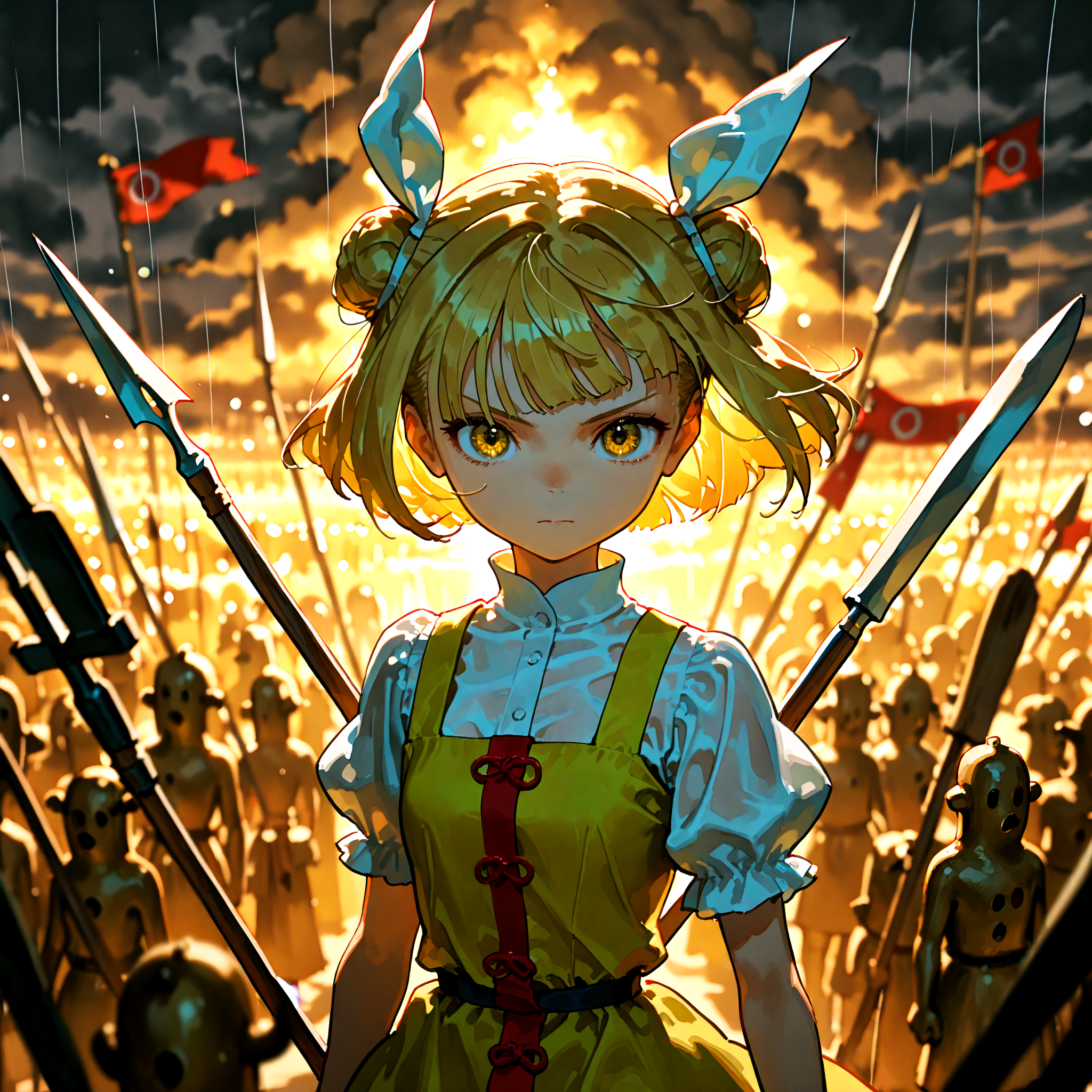 optical illusion, munakata_(sekimizu_kazuki), piaki, link163353, tsukamoto_anabone, joutouguu_mayumi, absurdres, highres ,1girl ,army, banner, blonde_hair, blurry, blurry_background ,closed_mouth, cloud ,dark_clouds, depth_of_field,dress, hair_ribbon ,haniwa_(statue) ,horse ,looking_at_viewer ,polearm, puffy_short_sleeves, puffy_sleeves ,rain ,ribbon ,serious ,shirt ,short_hair ,short_sleeves upper_body, weapon ,white_ribbon, white_shirt ,yellow_dress ,yellow_eyes,
<lora:illustrious_noobai_epsilon_pred_1_best_quality_v1:0.7> ,<lora:illustrious_noobai_epsilon_pred_1_masterpieces_v1:0.7>, <lora:ponyv4_noob1_2_adamW:0.7>, <lora:touhou_146:0.5>