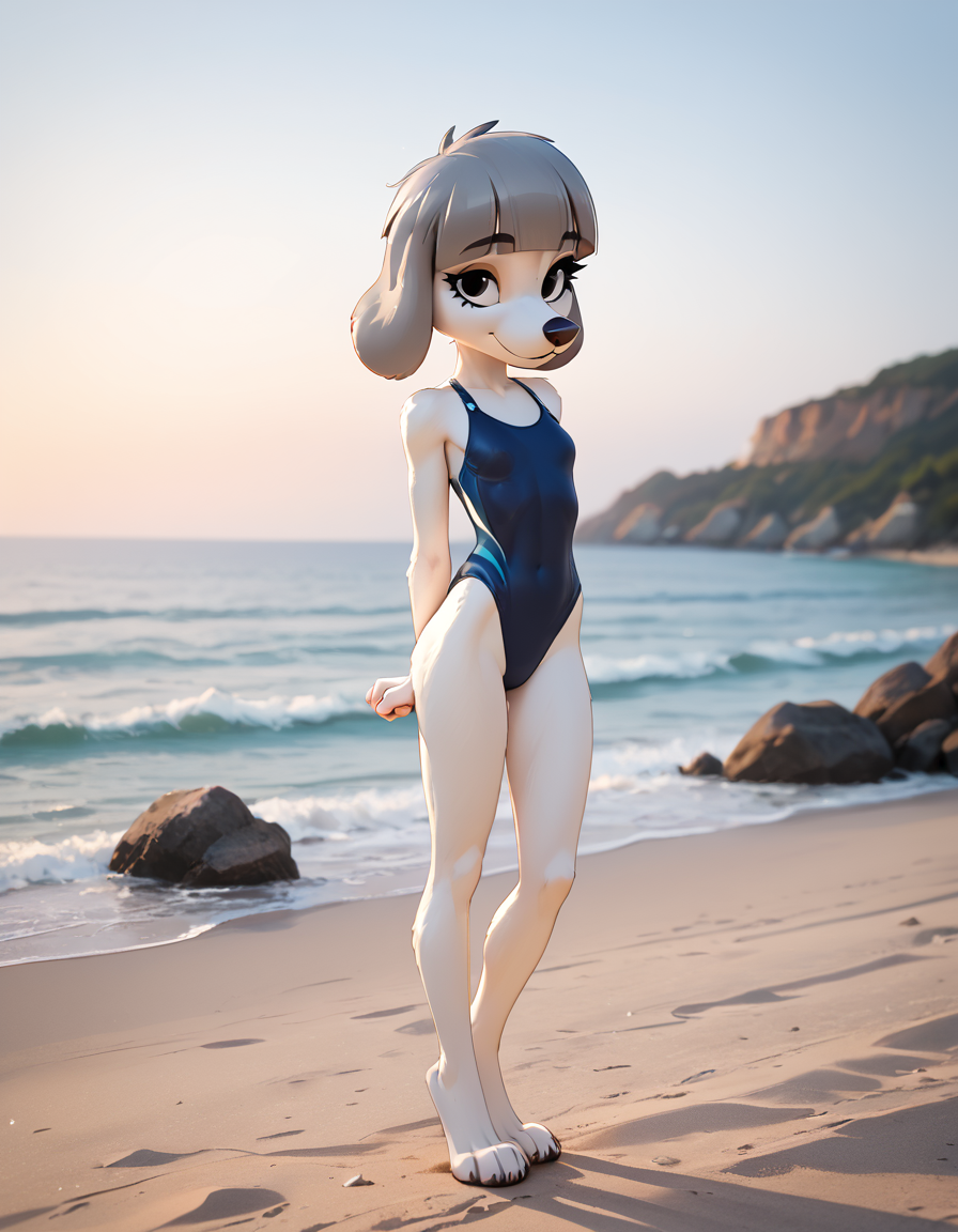 score_9,score_8_up,score_7_up,score_6_up,
outdoors,beach,
full body,seductive smile,parted lips,long eyelashes,
swimsuit,standing, pose
<lora:Fifi_v01_PDXL:1>,Fifi,1girl,solo,furry female,dog girl,dog ears,dog tail,short hair,grey hair,blunt bangs,black eyes,snout,animal nose,body fur,white fur,
<lora:add-detail-xl:1>,