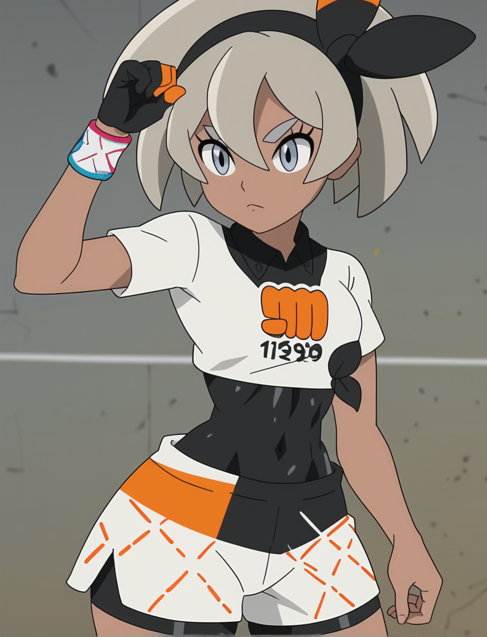 score_5 up, absurdres, original, official, screenshot, captured
1girl, bea \(pokemon\), grey hair, grey eyes, black ribbon, bodysuit, covered navel, shorts, single glove, glove, crop top, white shirt, short sleeves, collar, white shorts, small upper body, short waist, wide hips, thick thighs
main(<lora:EPpkBea:0.5>, <lora:pokemon-bea-anime-ponyxl-lora-nochekaiser:0.5>), extra(<lora:FComic_HardCore_Pony_V1:0.5>)