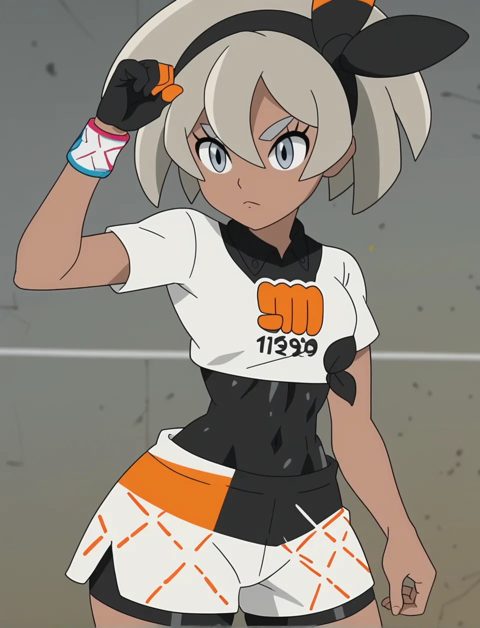 score_5 up, absurdres, original, official, screenshot, captured
1girl, bea \(pokemon\), grey hair, grey eyes, black ribbon, bodysuit, covered navel, shorts, single glove, glove, crop top, white shirt, short sleeves, collar, white shorts, small upper body, short waist, wide hips, thick thighs
main(<lora:EPpkBea:0.5>, <lora:pokemon-bea-anime-ponyxl-lora-nochekaiser:0.5>), extra(<lora:FComic_HardCore_Pony_V1:0.5>)