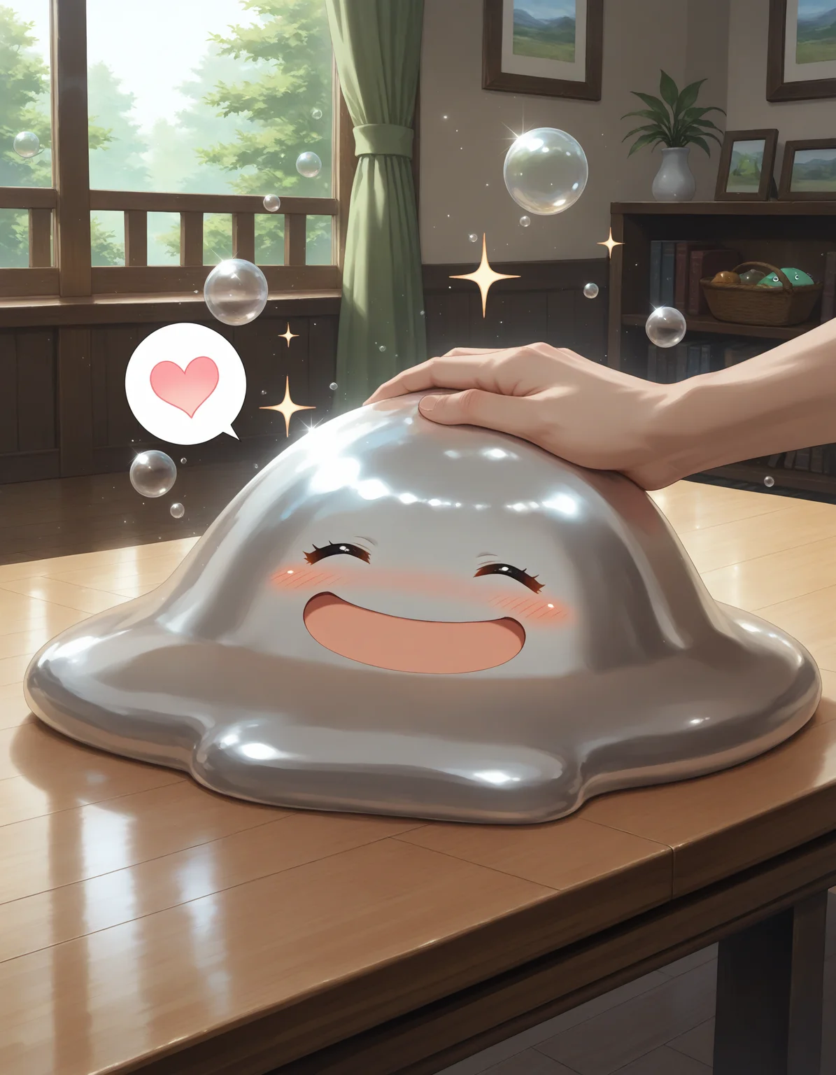 SmoothNoob_Quality,masterpiece,extreme detailed BREAK 1other,no humans,no_legs,day,indoors,living room,table,
BREAK hagurin,:D,slime \(creature\),sparkle,bubble,<lora:hagurin-NAI:1>,<lora:NOOB_vp1_detailer_by_volnovik_v1:1>,happy,smile,^_^,hand on another's head,spoken heart,blush,