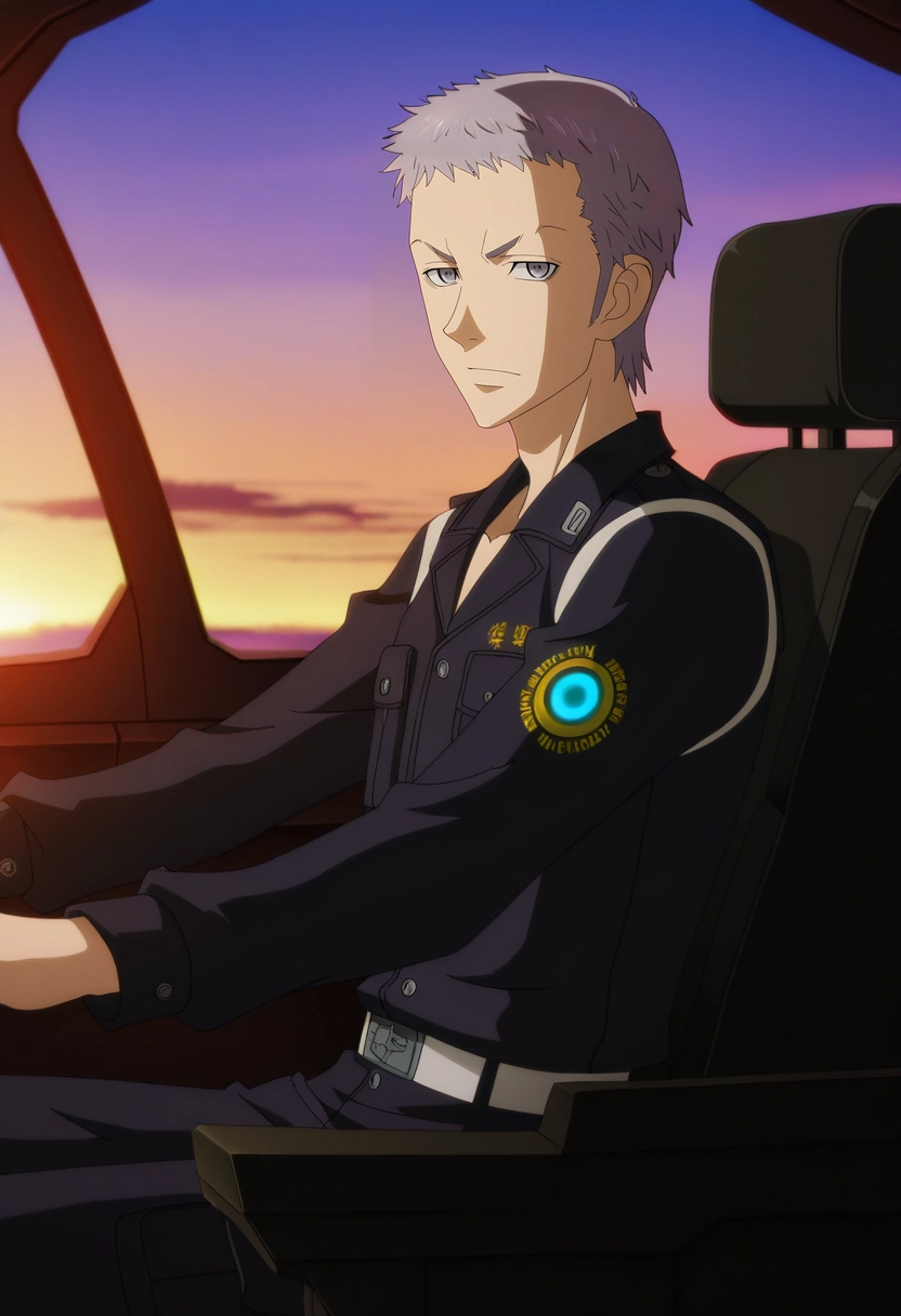 masterpiece, best quality, , anime screencap, anime coloring, official style, looking at viewer, 1boy, solo, male focus, <lora:takashi_mitsuya_ilxl:0.94>, takashi_mitsuya, grey hair, grey eyes, short hair, , , airplane cockpit, glowing instruments, expansive horizon, co-pilot seats, navigating pose, focused expression, twilight skies,