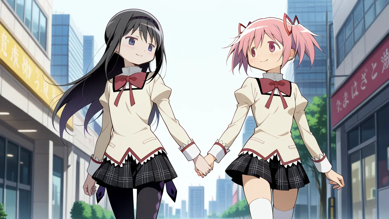 masterpiece, best quality, amazing quality, very aesthetic, absurdres, newest, anime screencap, <lora:akemihomuraILM:1>, (akemi homura, black hair, long hair, purple eyes, hairband, black hairband, black pantyhose, pantyhose), <lora:kanamemadokaILM:1>, (kaname madoka, hair bow, pink eyes, pink hair, short hair, twintails, short twintails, bow, pink bow, white thighhighs, zettai ryouiki, thighhighs), blush, yuri, smile, (holding hands:1.2), mitakihara school uniform, black skirt, yellow shirt, bow, bowtie, collared shirt, high collar, juliet sleeves, lace-trimmed shirt, lace-trimmed sleeves, lace trim, long sleeves, miniskirt, plaid clothes, plaid skirt, pleated skirt, pocket, puffy sleeves, red bow, red bowtie, white wrist cuffs, wrist cuffs, looking at another, walking, outdoors, modern city, daylight, dynamic pose,