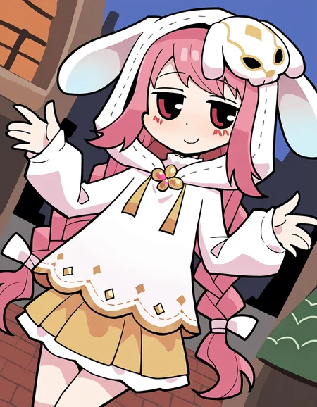 masterpiece, best quality, newest, absurdres, highres, safe, 1girl, himuro lavi \(halloween costume\), magia record: mahou shoujo madoka magica gaiden, white rabbit hood, papa \(shimeguru\), solo, outdoors, dutch angle, <lora:himuro_lavi_noobaiXLNAIXL_vPred10Version:0.7>