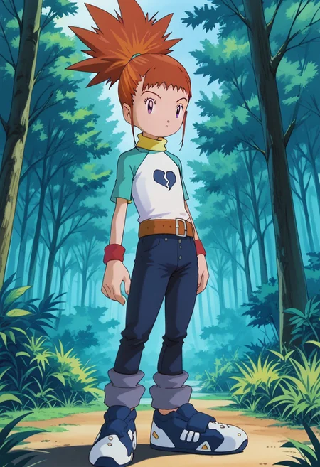 score_9, score_8_up, score_7_up, highres, high quality, digimon,
RikaNonaka, 1girl, solo, ponytail, red hair, orange hair, two-tone hair, purple eyes, turtleneck, t-shirt, raglan sleeves, red wristband, belt, blue pants,, long legs, skinny
1 girl, standing, hand on hips, cowboy shot, thighs,
outside, in forest