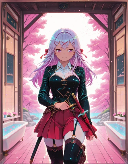 Smooth Quality <lora:yulishia_IL:1> yulishia, x hair ornament, long hair, hair ribbon, red ribbon, purple eyes, pink eyes, dark-skinned female, hair between eyes, purple hair, grey hair, white shirt, collared shirt, long sleeves, black jacket, wing collar, sheath, weapon, sheathed, red skirt, pleated skirt, white pants, pants under skirt, garter straps, black thighhighs, high heels, brown footwear, 1girl, border, cherry_blossoms, closed_mouth, flower, looking_at_viewer, pink_flower, portrait, smile, solo, white_background, yellow_border, bubble_bath_scene, misty_steam, subtle_highlights, soft_skin_glow, water_droplets, relaxed_pose, bathroom_environment, (hamsterfragment:1.2),, <lora:PinkieNeonAnimeIL:1> pinkneonanime, <lora:Crazy_Btch_-_Psychopath_expression:0.7> psych0path <lora:SkindentationIL3.4_alpha16.0_rank32_full_400steps:3>, addmicrodetails <lora:AddMicroDetails_Illustrious:0.6>