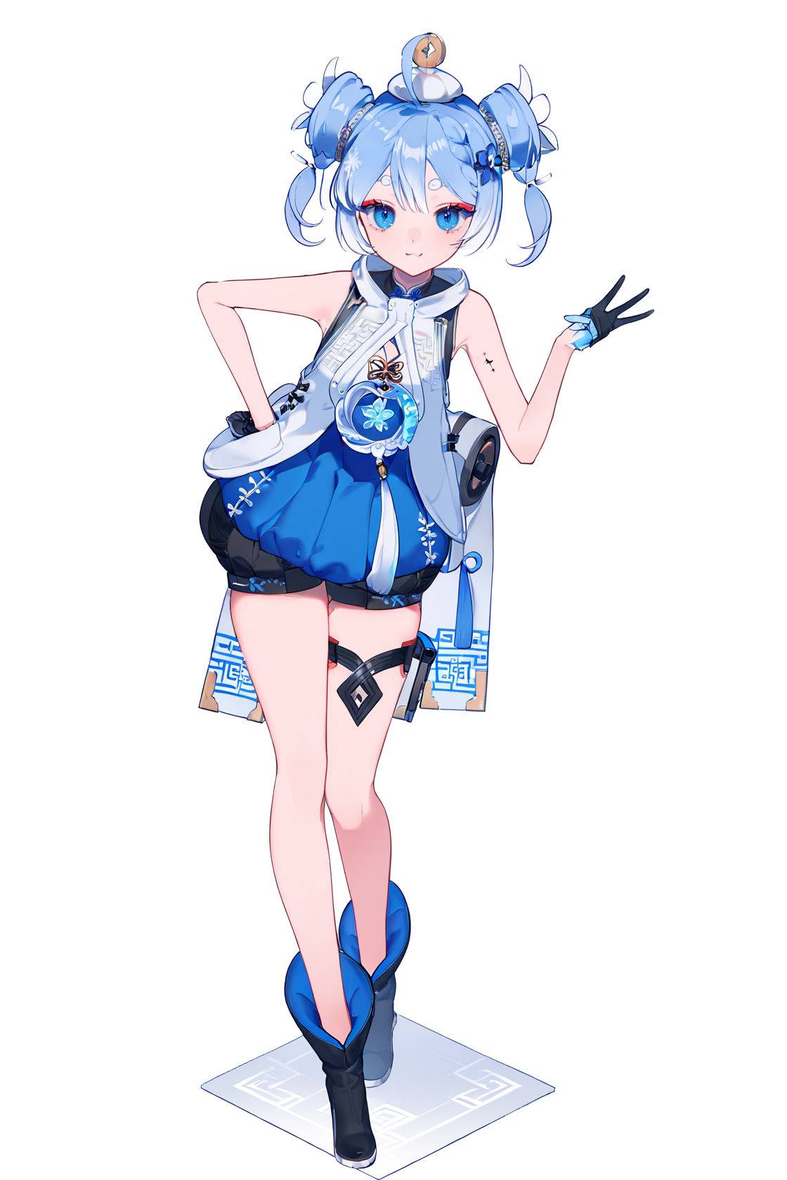 8k, best quality, masterpiece, (ultra-detailed), (high detailed skin), (by nanoless, by misumi \(macaroni\):0.25), 
full body, full shot, standing, looking at viewer, (solo:1.2), simple background, white background, hand on own hip, solo, 
<lora:youhu-atw2-Tanger-000007:0.8>, youhu, def-youhu clothes, 1girl, gloves, blue eyes, blue hair, black footwear, boots, hair ornament, shorts, ahoge, bare shoulders, black gloves, sleeveless, bangs, double bun, 
A full-body portrait of a young girl, standing gracefully, pastel art style, high-key lighting, shoujo manga influence, hd quality, delicate details,