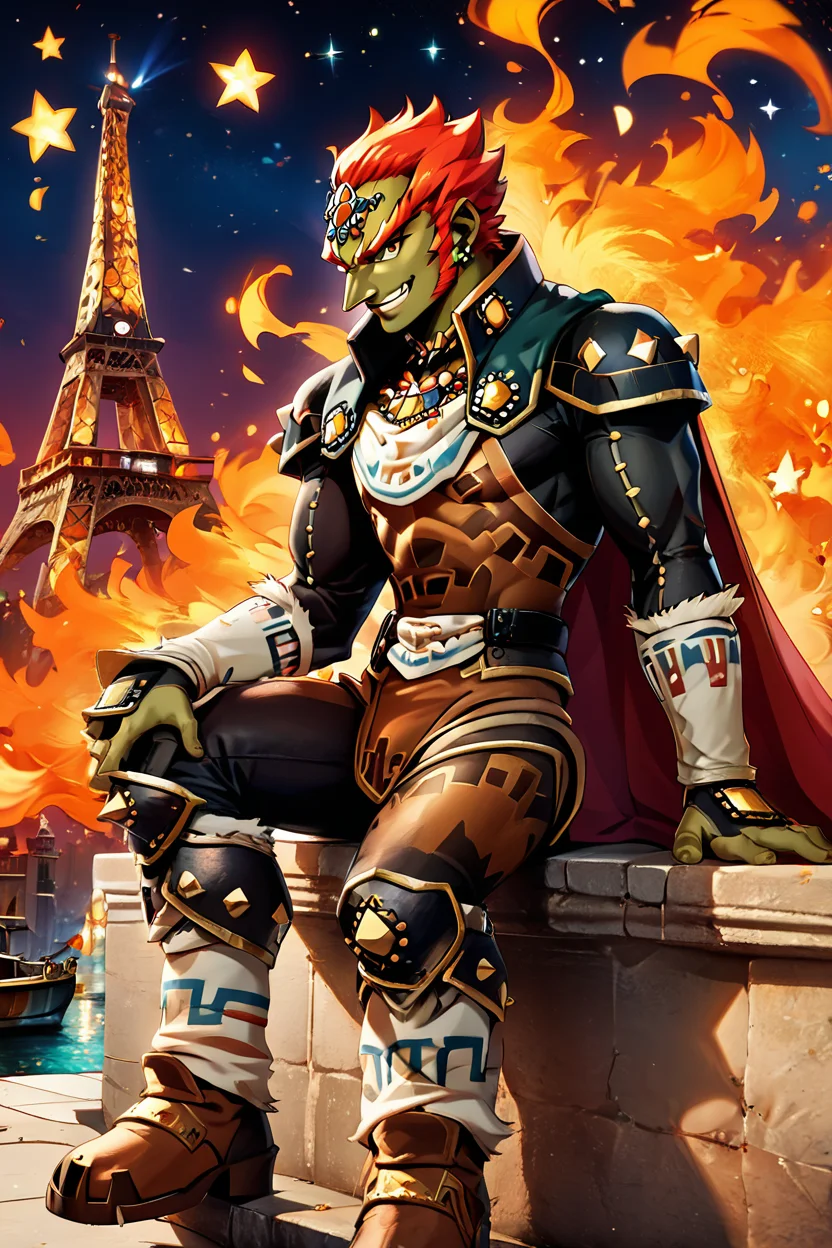 score_9, score_8_up, score_8, BREAK, , ,,, zzGanondorf, 1boy, red hair, dark skin, armor, gloves, jewelry, boots, muscular, shoulder pads, short hair, cape, muscular, fire, aura, <lora:Ganondorf_OoTZelda_PDXL:0.8>, ,,,, BREAK, zzEiffelTower in background, sitting, watercraft, boat, sitting on wall, side view, looking at viewer, smile, ,,, BREAK, blooming stars, luminescent petals, otherworldly fragrance blurry background, ,,, embedding:zPDXL, Expressiveh, ,,, <lora:EiffelTowerPDXL:0.8>, <lora:CatalystStylePDXL:0.6>, <lora:SDXLFaeTastic2400:0.5>, <lora:Expressive_H-000001:0.4>,
