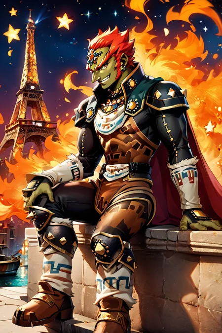 score_9, score_8_up, score_8,   BREAK, , ,,, zzGanondorf, 1boy, red hair, dark skin, armor, gloves, jewelry, boots, muscular, shoulder pads, short hair, cape, muscular,  fire, aura,  <lora:Ganondorf_OoTZelda_PDXL:0.8>,   ,,,, BREAK, zzEiffelTower in background, sitting, watercraft, boat, sitting on wall, side view, looking at viewer, smile, ,,, BREAK, blooming stars, luminescent petals, otherworldly fragrance blurry background, ,,, embedding:zPDXL, Expressiveh, ,,, <lora:EiffelTowerPDXL:0.8>, <lora:CatalystStylePDXL:0.6>, <lora:SDXLFaeTastic2400:0.5>, <lora:Expressive_H-000001:0.4>,