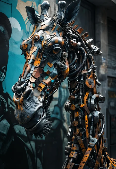 comic book art of [ dappled light on a black background : (Mechanical), rich deep colors, dark and moody, a mesmerizing blend of shadows, close-up portrait of street art by Bordalo II in downtown Lisbon, a mechanical giraffe. strong contrast, stark, dramatic, high contrast, masterpiece, absurdres, intricate details <lora:TQ_-_Animals_Made_Of_Ruins:0.8> : 4], comic art, graphic novel illustration