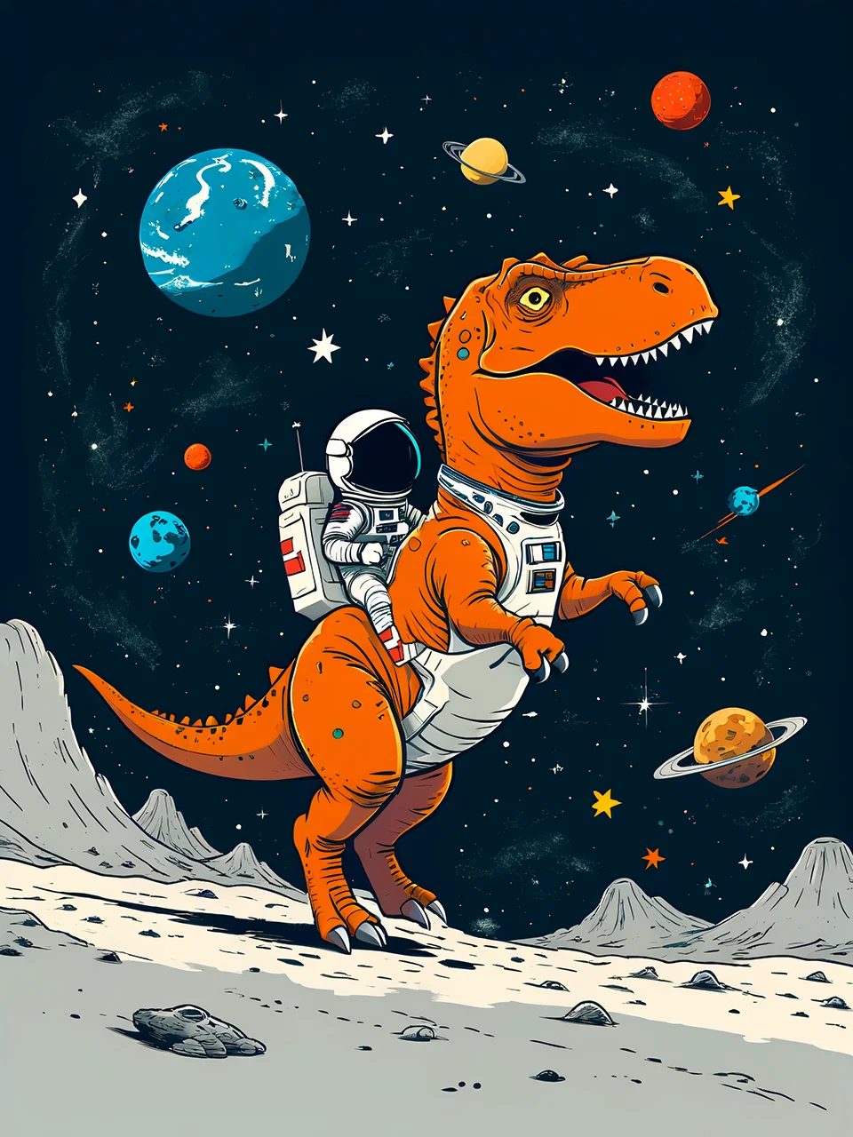 cartoon design of an astronaut riding a t-rex in space <lora:xl_more_art-full_v1:0.5>