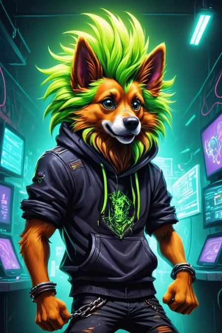Detailed digital illustration of an anthro Dog (Tossing hair back, carefree attitude) at a Underground hacker den with neon screens, <lora:xl_more_art-full_v1:0.5>, <lora:anthro_muscular:0.7> , <lora:madpunk:0.4> madpunk