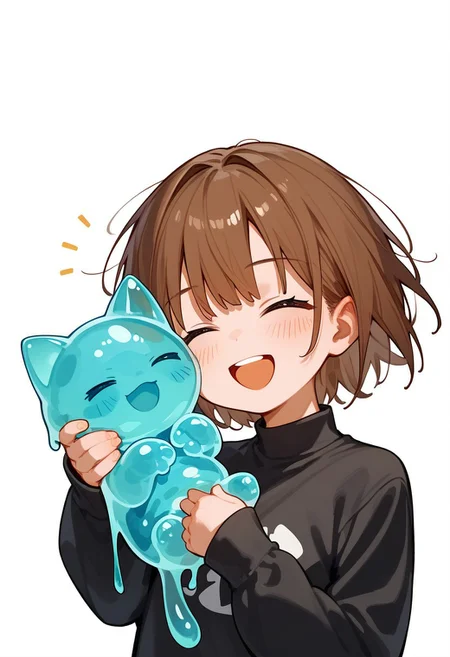 PonyScores7, source_anime, hi res, masterpiece, best quality, highres, sss, translucent, subsurface scattering,    
slime girl, monster girl, slime_girl, 1girl,closed eyes,smile,holding animal,open mouth,blush,holding,solo,cat,white background,brown hair,upper body,animal,bangs,short hair,teeth,hair intakes,facing viewer,long sleeves,holding cat,upper teeth only,:d,simple background,black shirt,shirt,^_^,happy,