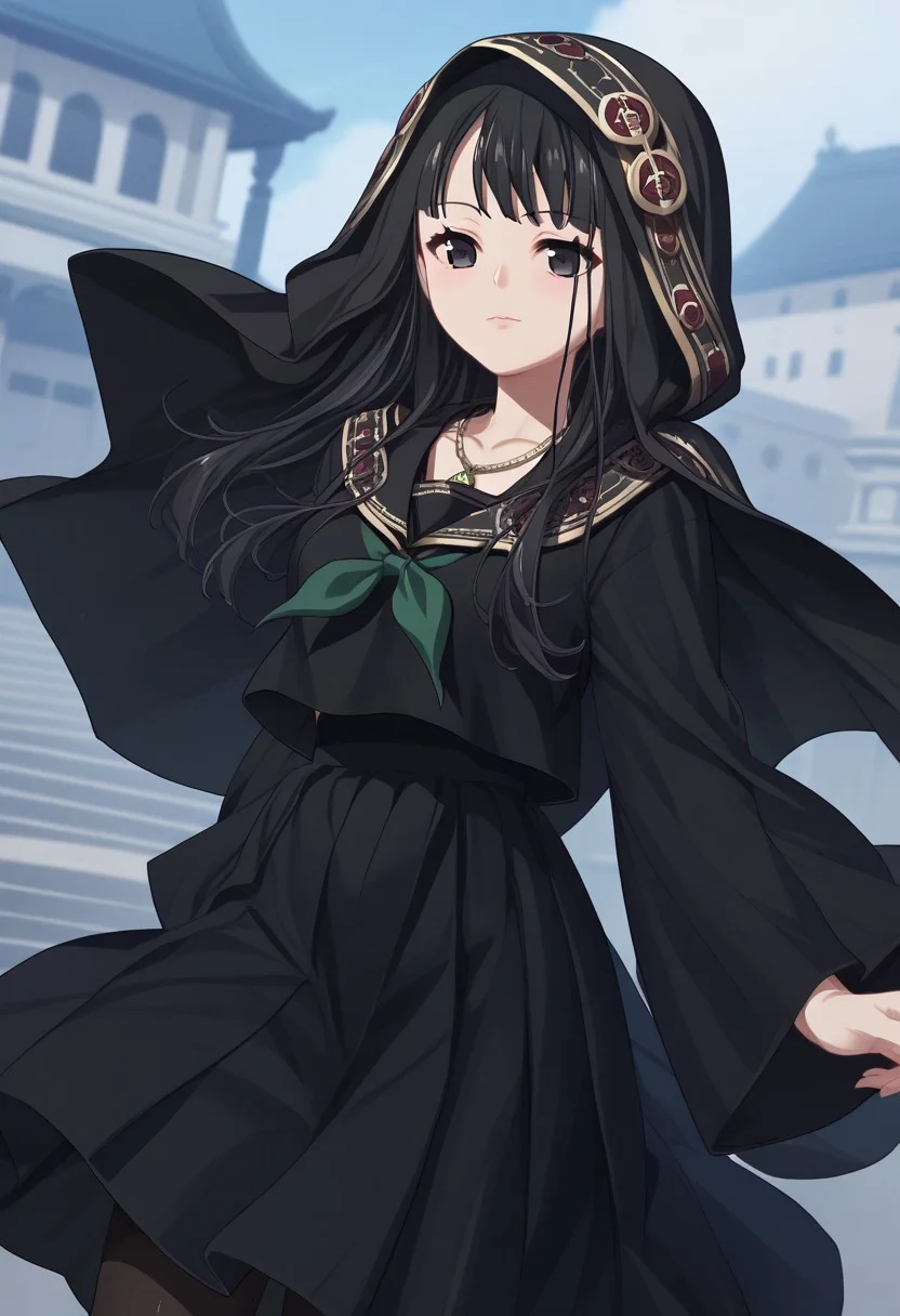 score_9, score_8_up, score_7_up, source_anime, 1girl, solo, byakuya rinne, black eyes, black robe, hood, veil, necklace, black serafuku, green neckerchief, black skirt, black pantyhose
