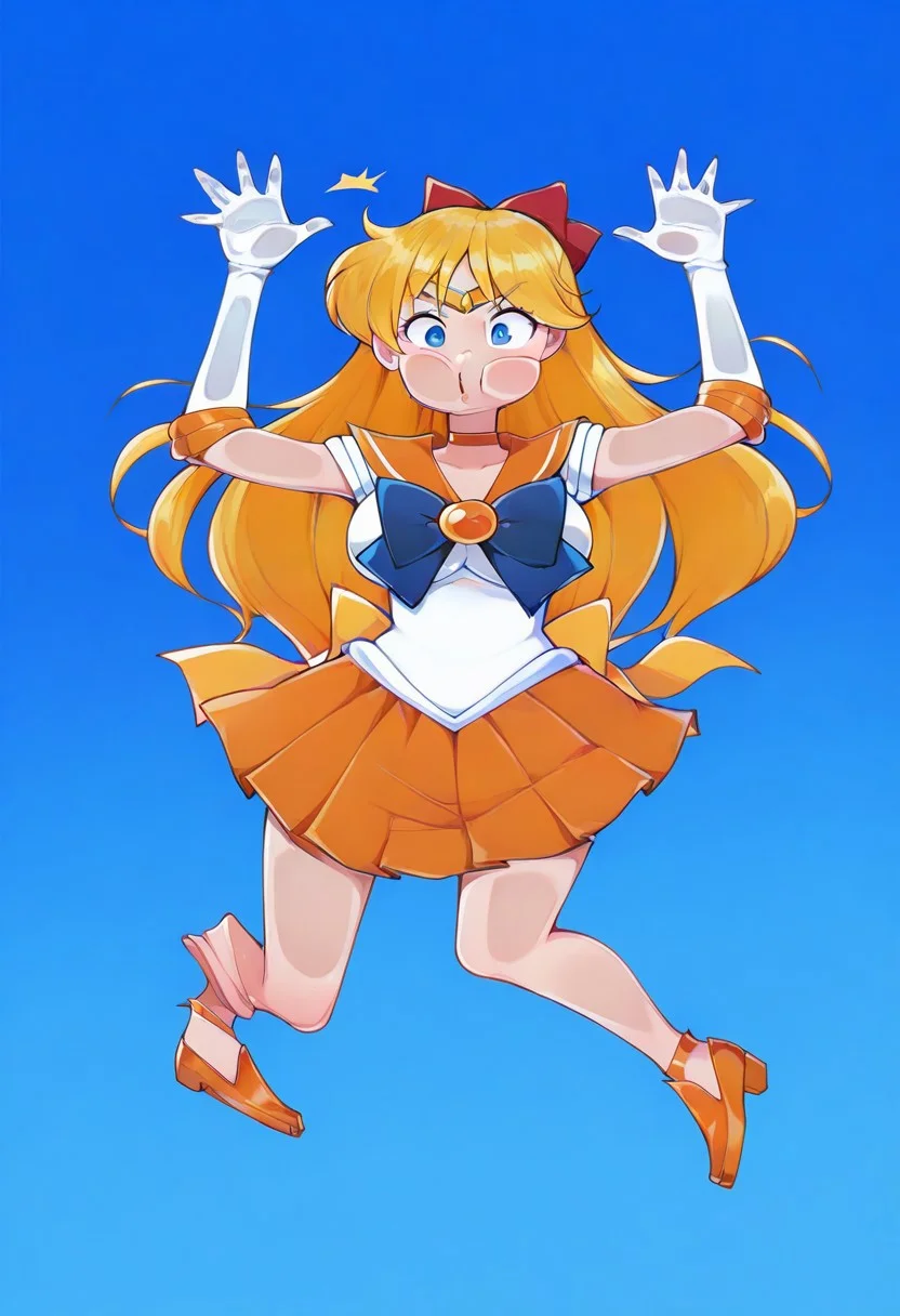 ,masterpiece,extremely detailed,best quality,amazing quality,newest,absurdres,highres, super detailed skin,1 girl, sailor venus,aino minako,elbow gloves,back bow,red bow,circlet,gloves,,long hair,pleated skirt,blue eyes,blonde hair,white gloves,orange skirt,hair orange choker,solo,orange sailor collar,paper thin, flattened girl, flattened, surprised, screenko, full_body,(dynamic angle:1.1), blue_background