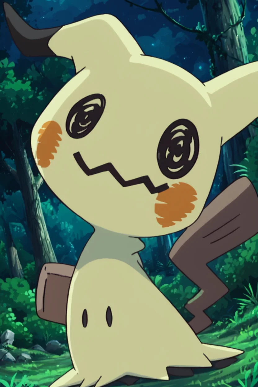 score_9, score_8_up, score_8, no humans, BREAK, , zzMimikyu, solo, pokemon (creature), no humans, animal focus, mimikyu, full body, standing, outdoors, grass, black eyes, tree, nature, forest, night, <lora:Mimikyu_Pokemon_PDXL:0.8>,, BREAK, smile, looking at viewer, cowboy shot, ,,, embedding:zPDXL, <lora:DiivesP1:0.8>,