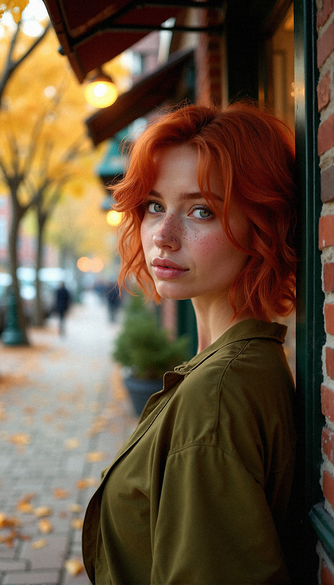 Create a photorealistic composition featuring a glamorous young beauty with vibrant red hair in a small-town street scene during autumn. She is near a shop window, wearing an olive-green blouse that complements the warm tones of the surrounding environment. Her short, tousled bob frames her freckled face, capturing the soft light from nearby streetlamps. The cobblestone pathway is sprinkled with fallen leaves in shades of orange and yellow, and the street is lined with charming brick buildings. Trees with autumn foliage add color to the scene, while a gentle mist envelops the background, adding depth and tranquility. The woman’s expression is thoughtful, as she gazes away from the camera, lost in contemplation. The overall atmosphere is warm and nostalgic, with soft shadows enhancing the realism and capturing the essence of a peaceful autumn day in a quaint town.Subtle mist enveloping the street for a dreamy effect.Detailed textures on the brick pathway.Realistic light reflections in the shop windows.Natural texture on her hair strands.



