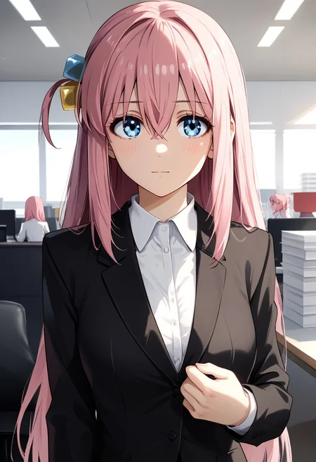 pink hair, long hair, hair between eyes, blue eyes, cube hair ornaments, gotoh hitori, in a office, hosting a meeting, wearing suit, office wear, alone,