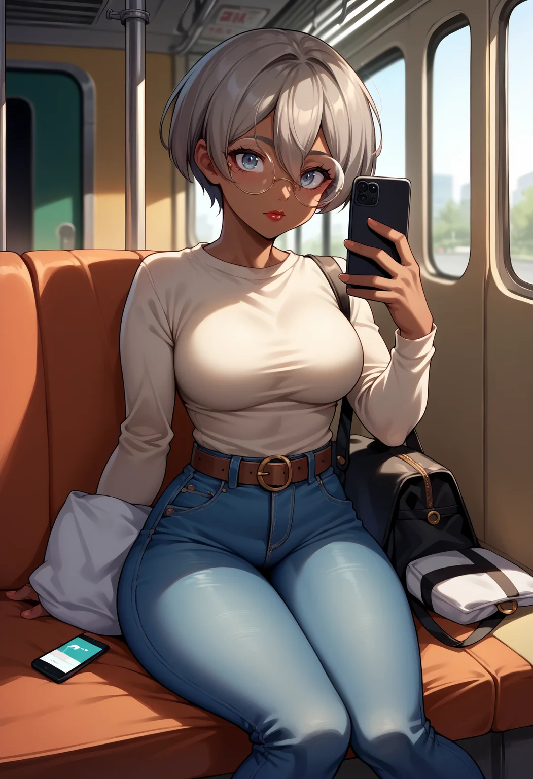 score_9, score_8_up,score_7_up, source_anime, 1girl, solo, <lora:EPpkBea:1>, short hair, grey hair, dark-skinned female, dark skin, hair between eyes, grey eyes, Saitou,red lips, medium breasts, sweater,tight clothing,sitting,subway,looking at phone,high-waist jeans,bag,belt,round-frame glasses