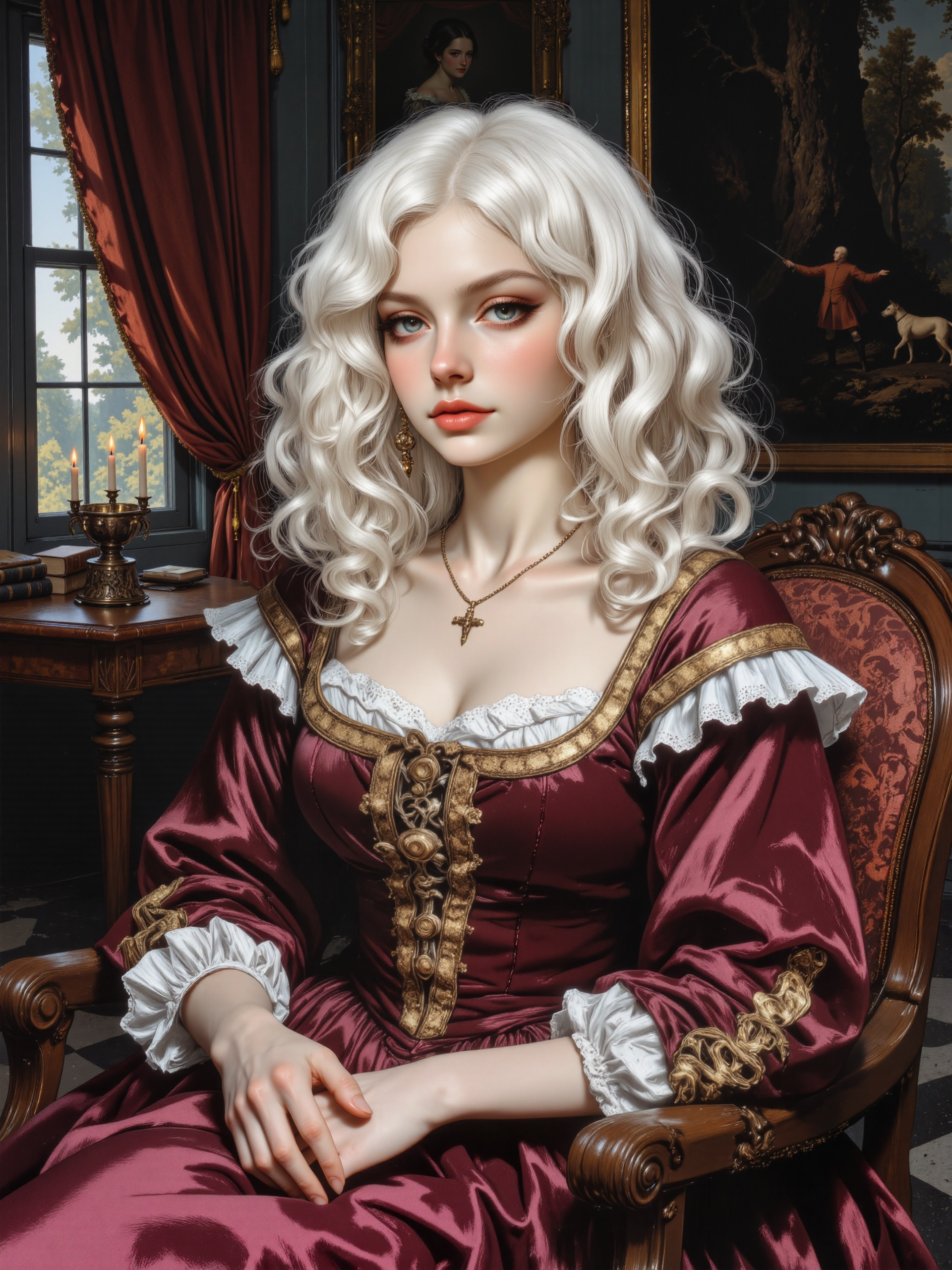 famous artwork, a masterwork baroque portrait painting of fictionalpoppy, painted on canvas with oil-based pigments, subtle brushstrokes visible upon close examination, inspired by the renaissance and baroque court portrait traditions, blending realism with soft painterly textures, influenced by the works of anthony van dyck and titian, highly aesthetic, dramatic, epic, meticulous, accurate, golden ratio, platinum blonde hair, drill curls, blue-grey eyes, winged eyeliner, in an opulent, dimly-lit court chamber, rich velvet drapes in deep burgundy and gold cascade from the tall windows, intricate tapestries depicting mythological scenes adorn the walls, a heavy dark wood table with gilded accents partially visible in the background, candelabras flickering softly, casting warm light across the polished marble floor, in the foreground, a noblewoman with silver-white hair styled in loose, softly curled locks, cascading past her shoulders, pale porcelain skin with a subtle flush on her cheeks, soft blue-gray eyes gazing with quiet confidence, lips faintly rose-tinted, delicately parted, adorned in an exquisite burgundy velvet gown with gold embroidery along the bodice and sleeves, pearl embellishments, and a ruffled lace collar framing her neck, a fine gold chain with a small pendant resting against her chest, her hands elegantly placed, one resting lightly on her lap, the other holding a delicate lace handkerchief, soft three-quarter view portrait, slight downward angle emphasizing her regal posture, drawing attention to the rich textures and details of her attire, warm chiaroscuro lighting, gentle interplay of light and shadow highlighting her face and gown, the color palette is predominantly eggshell white and wine red and teal and obsidian black, ovg, style of rembrandt, r3alisticf, del1cate_balance, <lora:poppy-character-flux-by_meower2024:0.8> <lora:style-rembrandt-flux-by_tangbohu:0.48> <lora:style-delicate_balance-flux-by_autopastel:0.48>