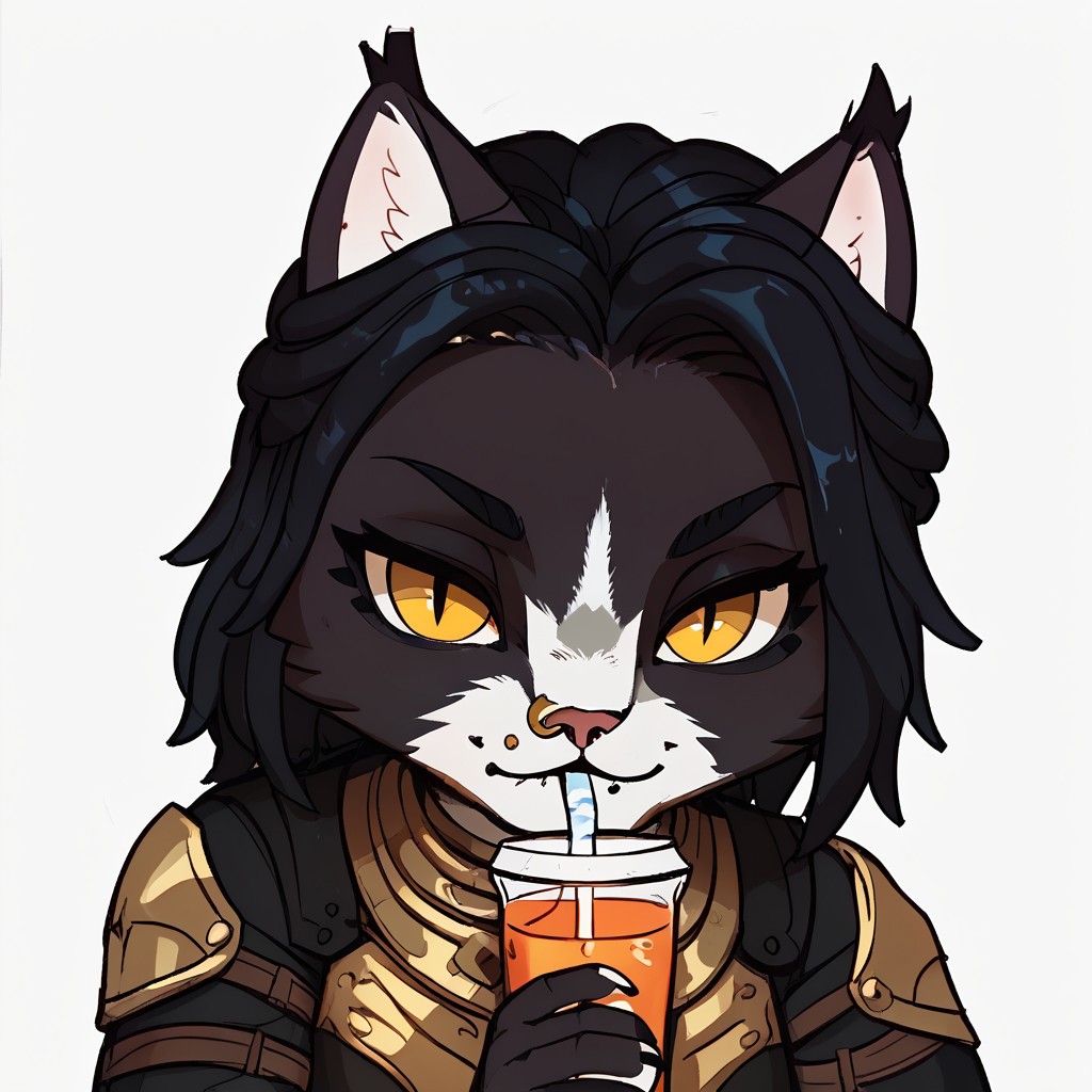 em0te art style, score_9, score_8_up, score_7_up, score_6_up, best quality,
anthro, 1girl, 3mb3r, high quality, white background, ((drinking smoothie)), high res , highly detailed face, white background, chibi, black armor, feline, black and white fur, yellow eyes, black hair, nose ring, chin piercing, extremely detailed