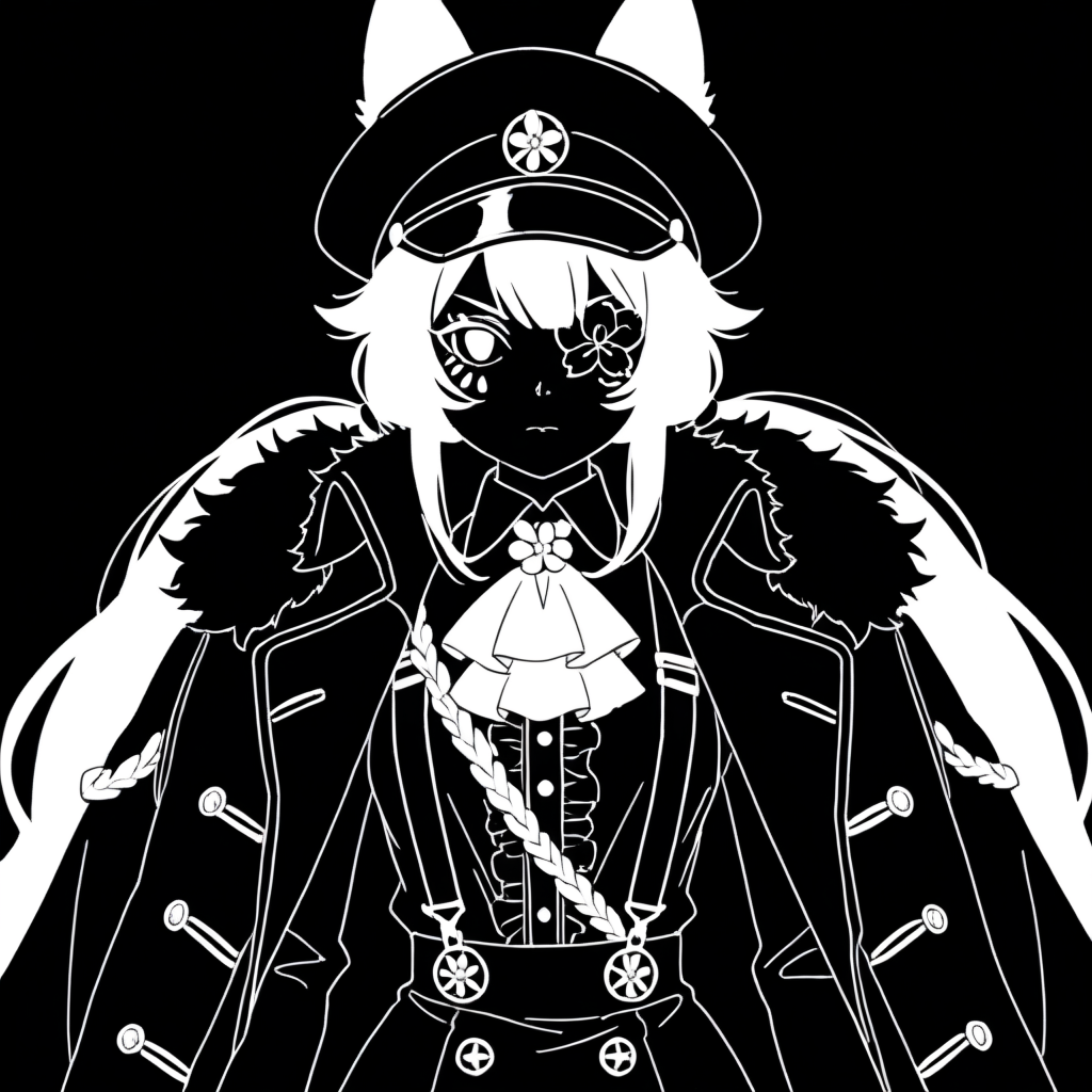 blwlinart, 1girl, monochrome, greyscale, black background, high contrast, <lora:black_white_potrait_lineart:1.5>, very long hair, low twintails, animal ears, cap, flower eyepatch, facial mark, coat, coat on shoulders, fur-trimmed coat, aiguillette, bowtie, ascot, frilled shirt, suspenders,