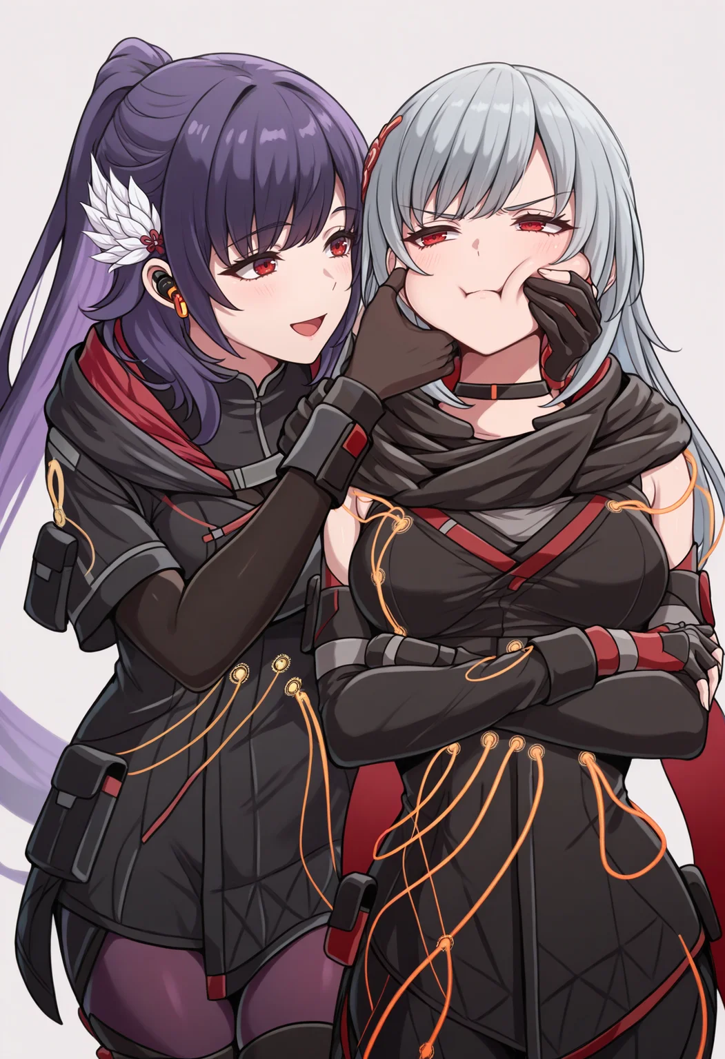 masterpiece, best quality, 2girls, simple background, BREAK
:d, looking at another, <lora:KyokaSN-illu:1> defKyoka, long hair, ponytail, purple hair, white feather hair ornament, earbuds, red eyes, black coat, hooded coat, large breasts, black bodysuit, short over long sleeves, black gloves, partially fingerless gloves, pouch, purple pantyhose, black thighhighs BREAK
cheek squash, annoyed, crossed arms, <lora:KasaneSN-illu:1> defKasane, long hair, grey hair, hair ornament, red eyes, black choker, black jacket, medium breasts, black scarf, red cape, detached sleeves, cables, red gloves, fingerless gloves, black pants