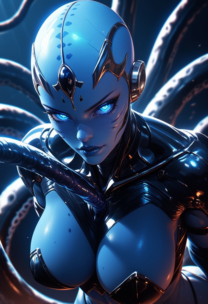 score_9, score_8_up, score_7_up, score_6_up, rating_questionable, alien woman, powerful woman, imperious pose, arms lifted, (multicolored blue-black skin), detailed glossy skin, large breasts, very muscular, beautiful face, bright glowing eyes, multiple pupils, looking at viewer, serious expression, elongated head, bald, high cheek bones, metallic blue lipstick, thick smooth tentacles on back, smooth tentacles on neck, glowing blue skin marks, alien setting, dynamic angle, dramatic lighting, cinematic lighting, extremely detailed, 2.5d, cel shaded, render,